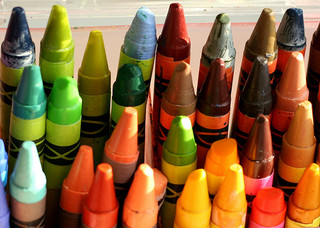Many well-loved crayons await their next use.